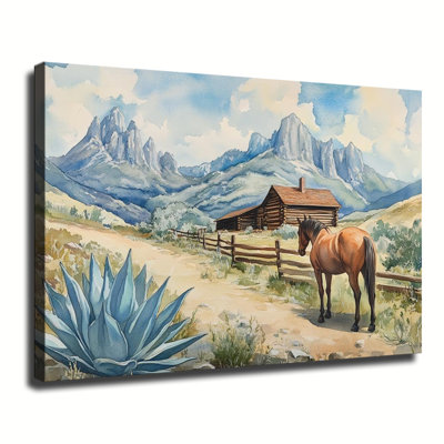 Western Mountain Ranch Watercolor Painting With Horse Log Cabin And Agave Plant, Large Gallery Wrapped Canvas Wall Art Print For Living Room Bedroom