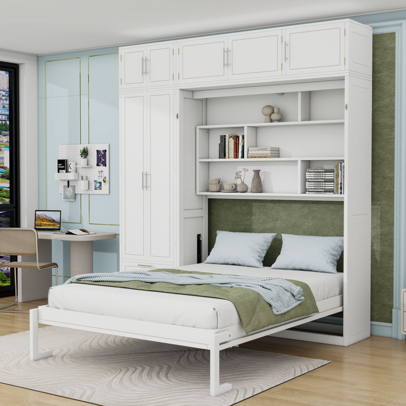 Grand lit escamotable en bois avec tablettes de rangement, deux tiroirs et garde-robe, Blanc