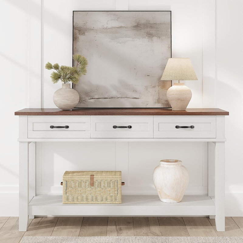 Console avec 3 tiroirs et tablette de rangement ouverte, canapé-lit en bois à 2 niveaux pour canapé d'entrée, salon, couloir et vestibule