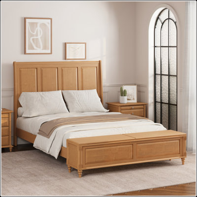 Soild Wood Sleigh Bed with High Headboard and Storage Bench