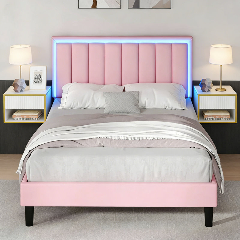 Ensemble de lit plateforme intelligent en cuir avec table de chevet moderne flottante 2 pièces Smart Suite, Grand lit, Rose