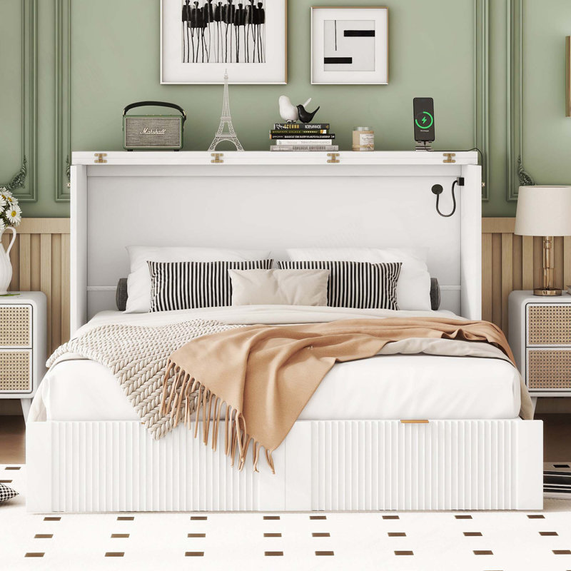 Lit escamotable avec tiroir et ensemble de prises et ports USB, structure de poulie, Double, Blanc