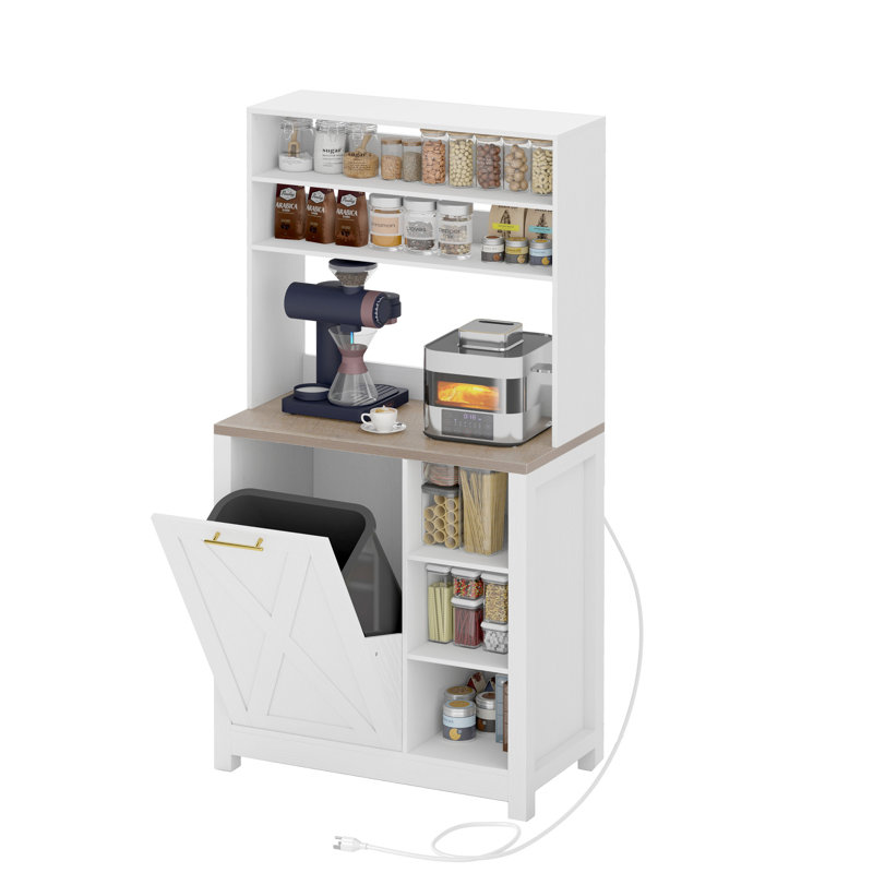 Baker's Rack with Trash Can Bin Cabinet and Charge Station, White