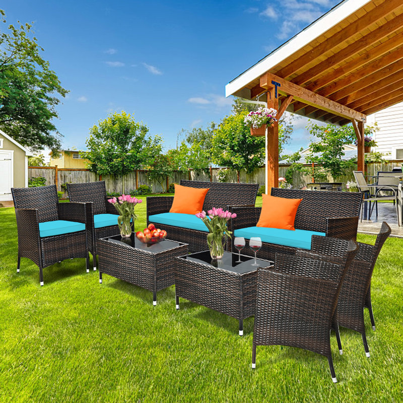 Satrogan 8 Piece Rattan Seating Group with Cushions, Turquoise
