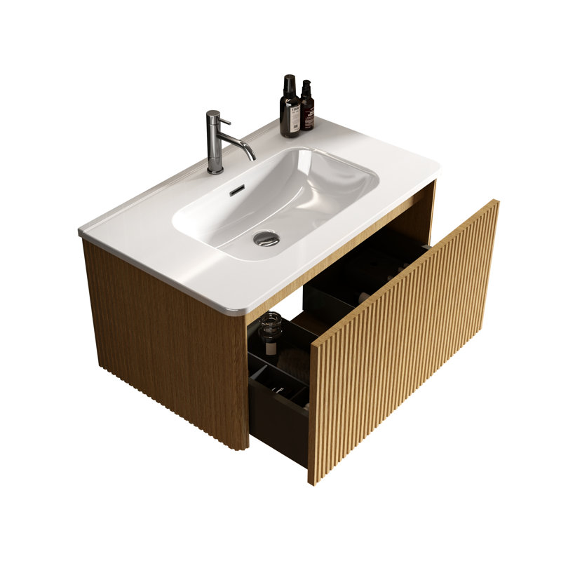 Meuble-lavabo de salle de bain flottant 30 po - Texture chêne naturel et lavabo en céramique blanche, 30", Chêne