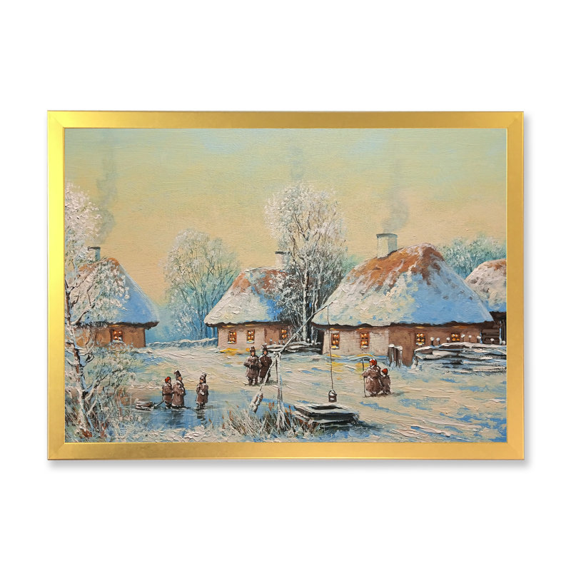 Paysage de vieux village d'hiver - œuvre d'art traditionnelle sur toile, H 24 po x l 36 po x P 1 po, Encadrement doré