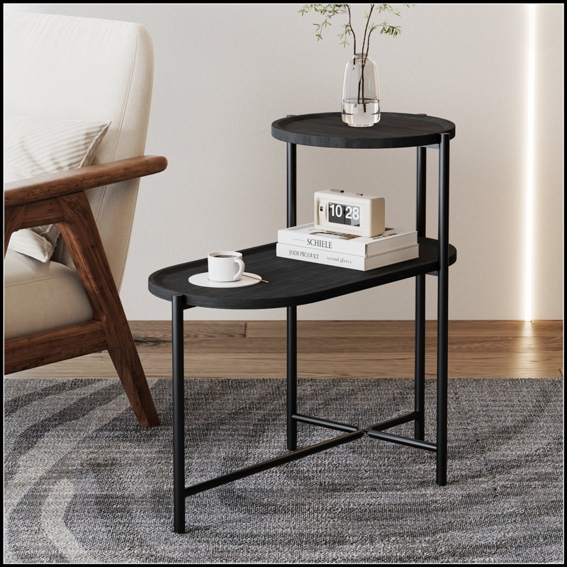 Table basse ronde avec plateau de rangement, conception à 2 niveaux pour le salon, finition noire, polyvalente et élégante