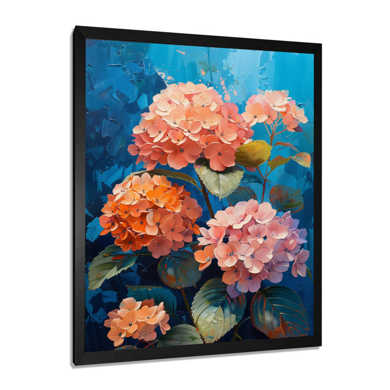 Rose et bleu hortensia qui fleurit en été I - impression d'art mural hortensia, Cadre simple noir, H 24 po x l 32 po