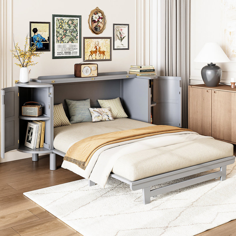 Lit gris pour espaces polyvalents avec fonction pliable et rangement supplémentaire sur le côté