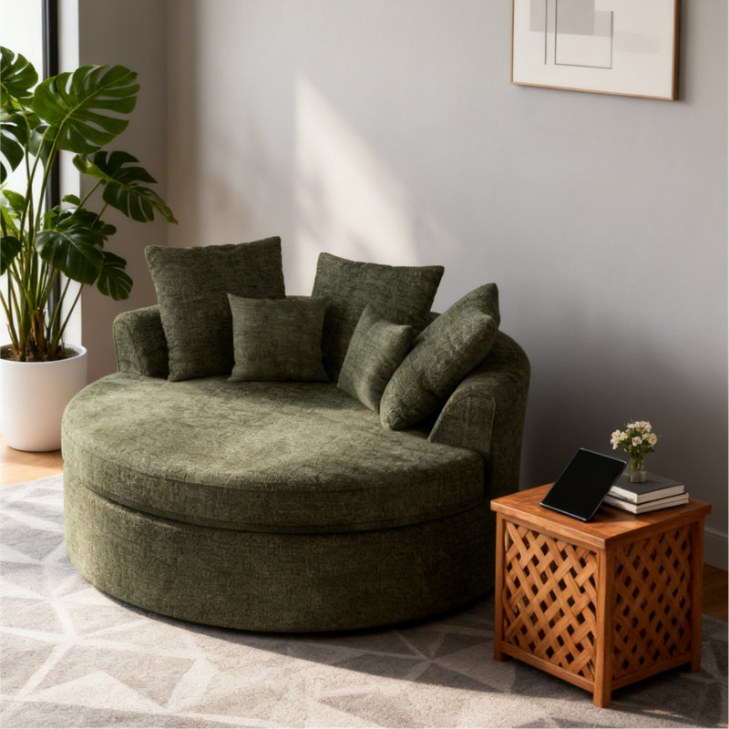 61''W Chenille Large Round Accent Sofa, Modern Sleeper Sofa, No Assembly Required, Green