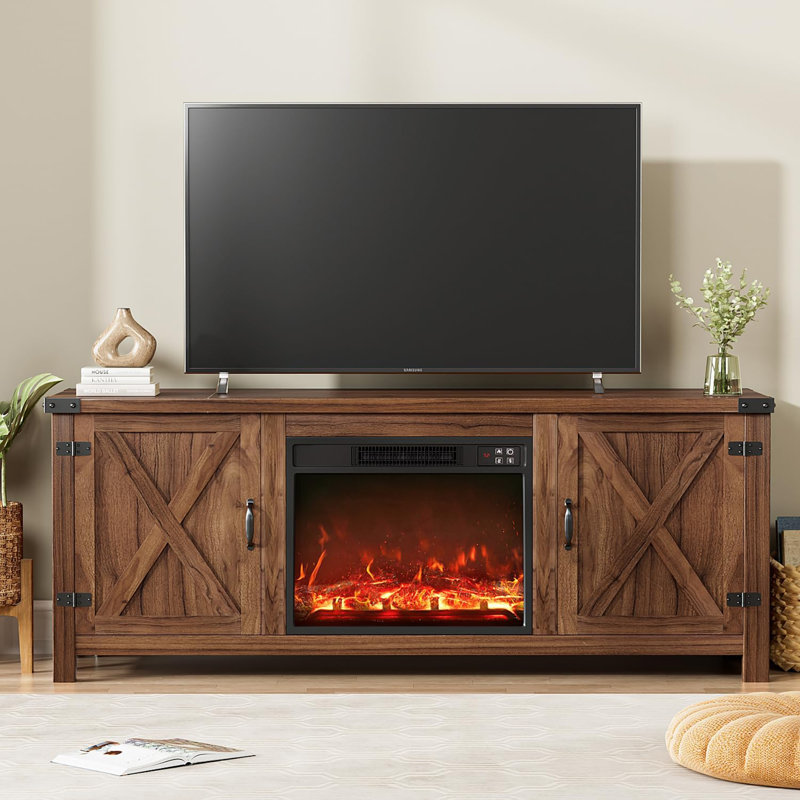 Meuble télé avec deux portes de grange et armoires de rangement pour téléviseur de 65 po ou moins, console de divertissement