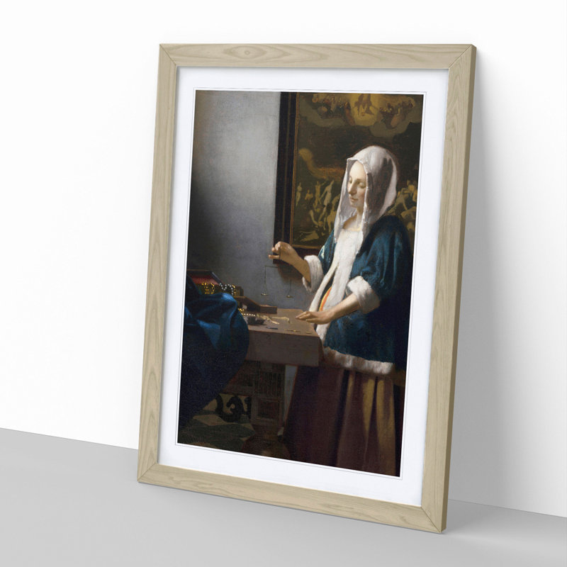Woman Holding a Balance by Johannes Vermeer - Picture Frame Painting, 48cm H x 36cm W x 2cm D, Oak Framed