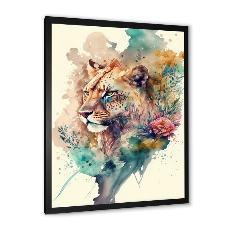 «Cute Lions Floral II», impression sur toile, H 40 po x l 30 po x P 1,5 po, Cadre photo noir
