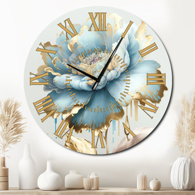 Chic Blue Blooming Flower III - Floral & Botanical Golden Face Wall Clock