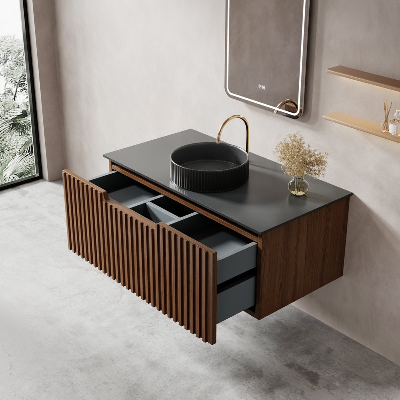 36" Floating Single Bathroom Vanities, Wall-Mounted Solid Wood Texture Vanity with 2 Drawers, Black Stone top, Not Assembled Need