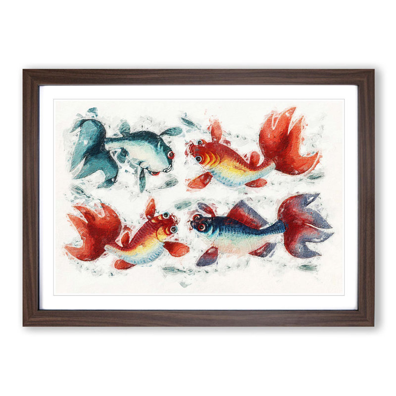 Two Gold & Silver Fish - Picture Frame Painting Print, Walnut Framed, 36cm H x 48cm W x 2cm D