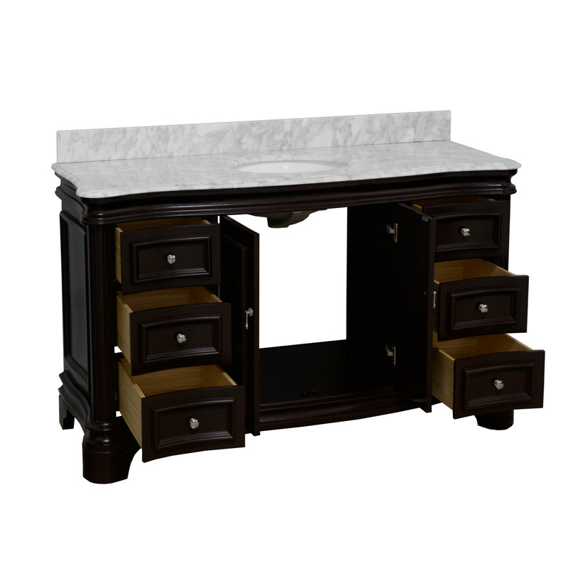 Ensemble de meuble-lavabo simple 60 po avec meuble chocolat et comptoir en marbre de Carrare Twain, Marbre de Carrare