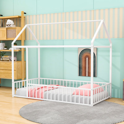 Twin Metal House Bed With Roof And Guardrails