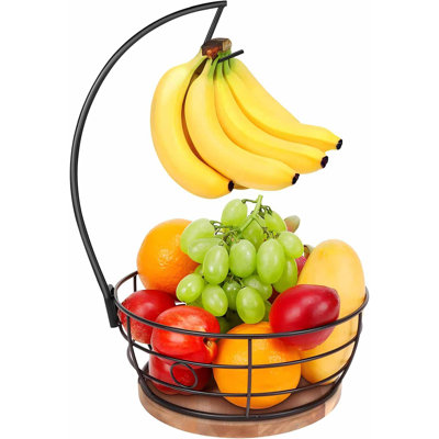 Countertop Fruit Basket Bowl With Banana Hanger, Modern Standing Fruit Vegetable Bowl Storage, With Banana Tree Holder For Kitchen Dinning Table (Round Wood, Black)