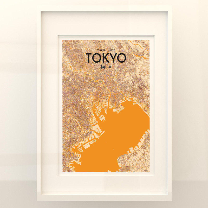 Carte de la ville de Tokyo, impression, Orange / or pâle, H 27,6 po x l 19,7 po