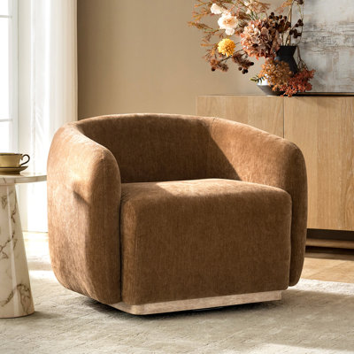 Berklie 35"W Modern Boucle Chenille Swivel Armchair With Solid Wood Base