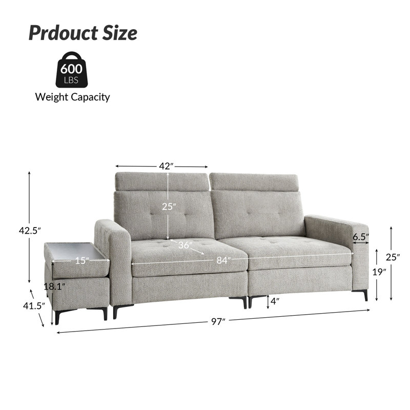 Canapé-lit capitonné modulaire avec rangement amovible de 97 po Atavia, Gris
