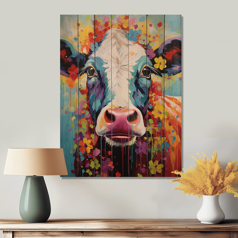 Vache fantaisie sur bois, H 40 po x l 30 po x P 0,78 po