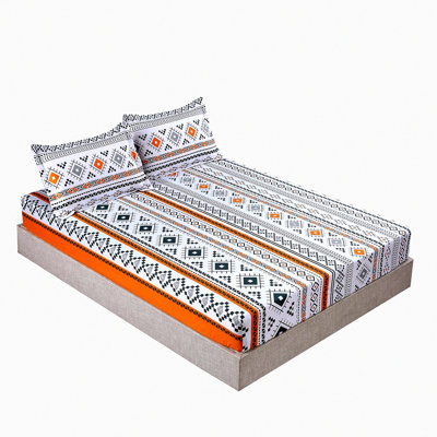 BohoVibe Microfiber Bed Sheet Set - Retro Orange Print, Bohemian Design, 1 Fitted Sheet, 2 Pillowcases, 14" Deep Pocket - Cozy Boho Bedding