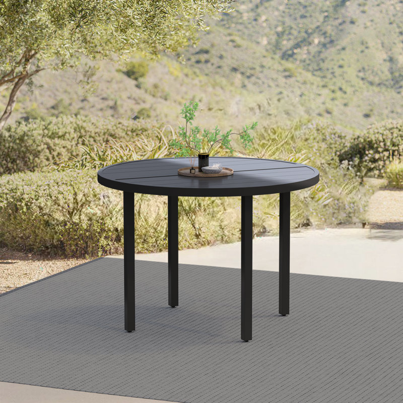 Metal Outdoor Table, Round Table for 6 with Umbrella Hole, Patio Table with Modern Minimalist Design, Black