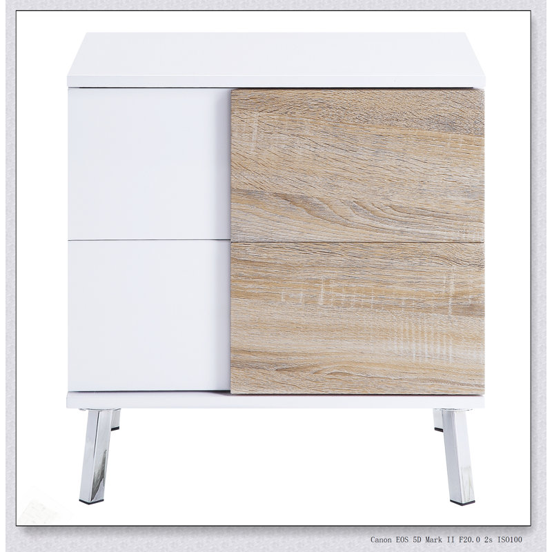 Table de bout blanche ultra brillante et naturelle avec 2 tiroirs, parfaite pour les espaces de vie modernes et compacts.