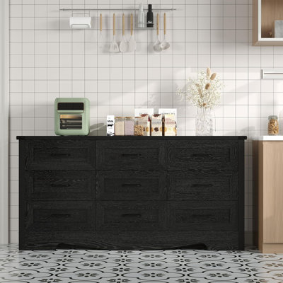 Commode à 9 tiroirs de 59 po de largeur, commode en bois de ferme avec dispositif anti-basculement, noir