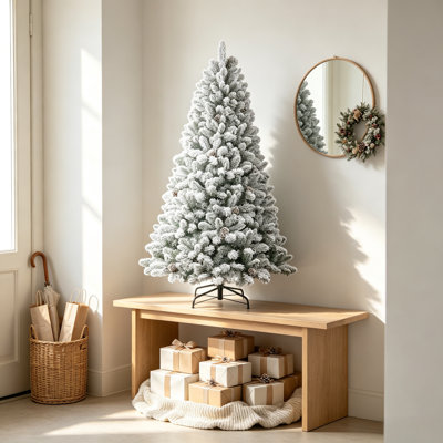 Flocked Artificial Christmas Tree with Natural Pine Cones, 4 Foot Snow Covered PVC Holiday Tree Featuring 366 Branch Tips and Sturdy Metal Stand, Full