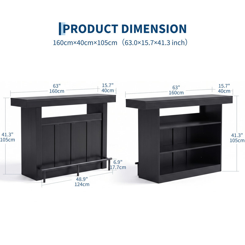 Table de bar moderne à 4 niveaux avec repose-pieds et rangement ouvert, finition grain de bois, noyer clair, Noir
