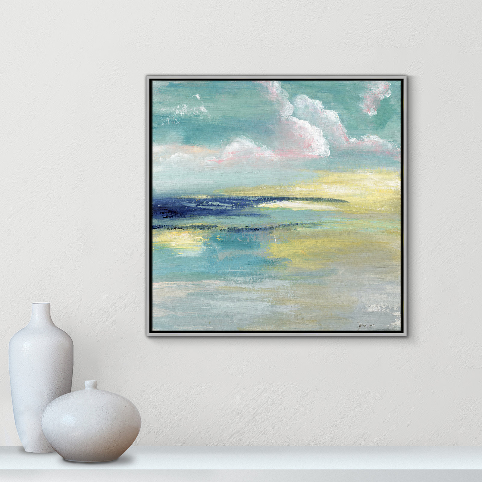 Bertie "Ocean View" Painting by Tava Studios, 31.5" H x 31.5" W x 2" D, Silver Framed Canvas