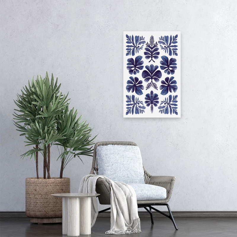 Motif bleu - art floral contemporain à motif botanique bleu, H 24 po x l 16 po