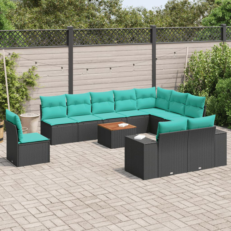 Ensemble de canapé de patio 11 pièces avec coussins en rotin de polyester, Bleu clair, Noir