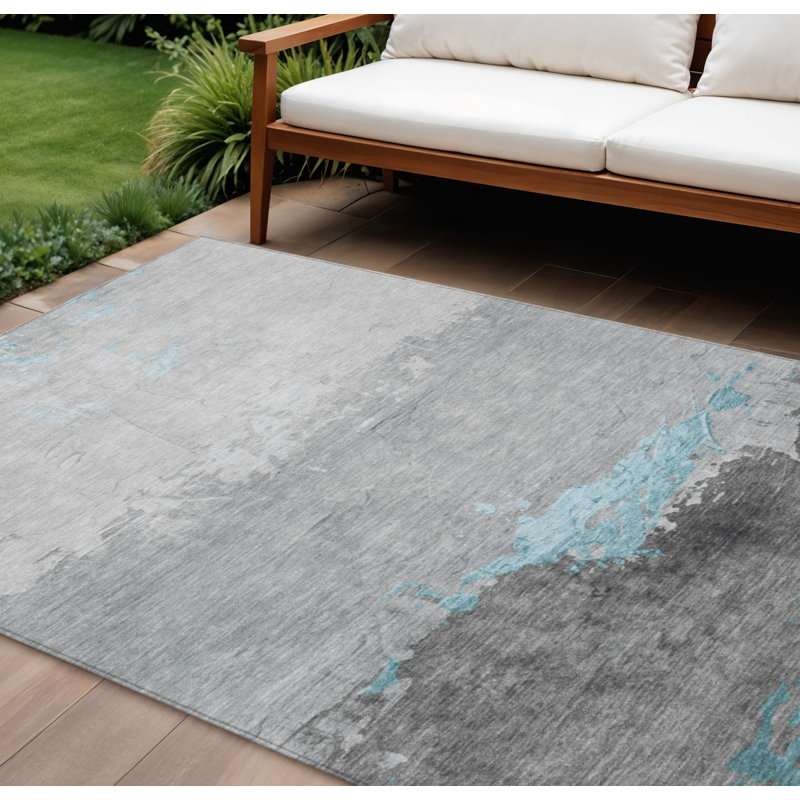 Tapis d'extérieur lavable abstrait bleu sarcelle 8 pi x 10 pi bleu et gris