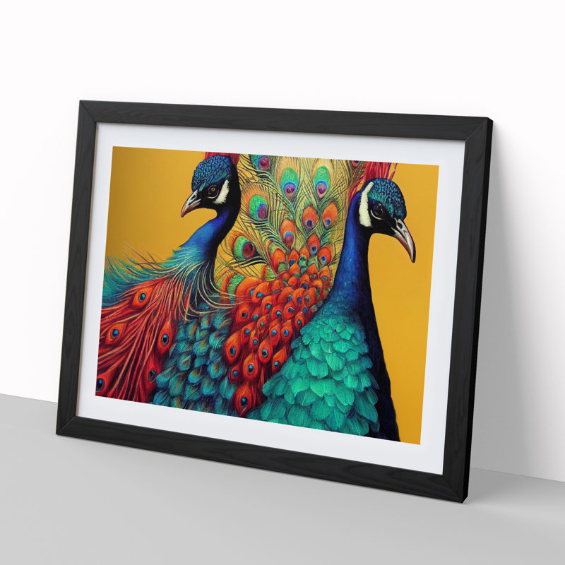 XH1022-6749X Pair Of Peacocks - Single Picture Frame Print, Black, 46cm H x 64cm W x 2cm D