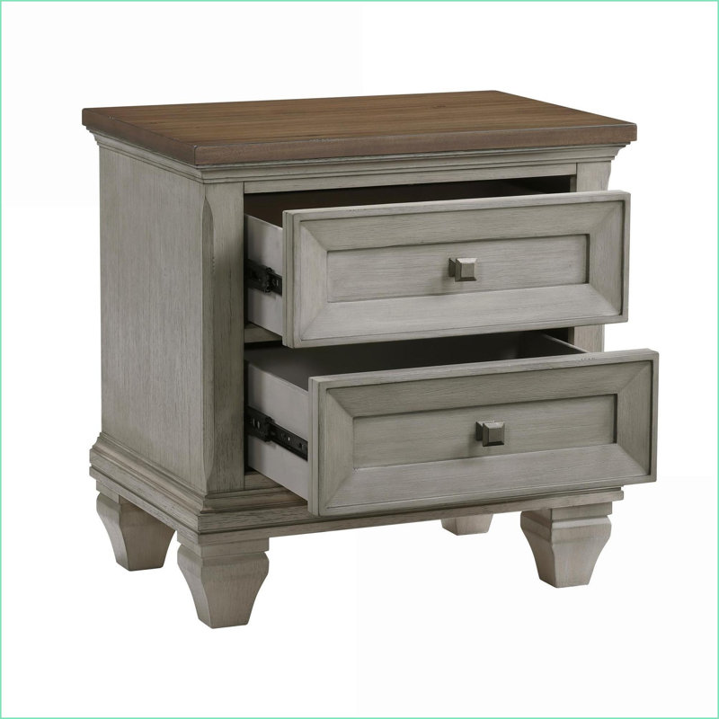 Table de chevet 2 tiroirs gris / brun antique avec placage d'acacia