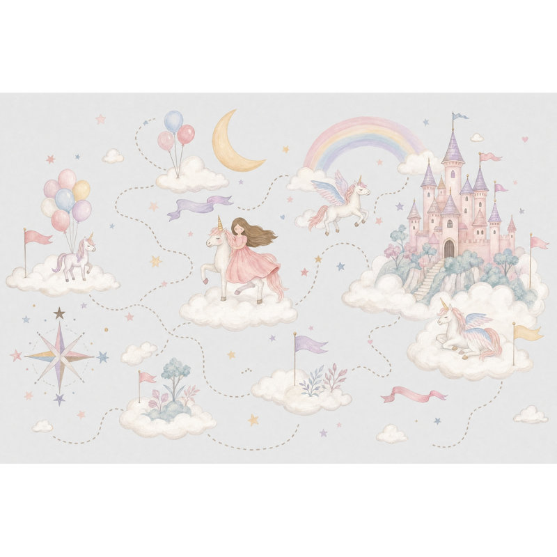 Papier peint aquarelle château de princesse licorne, fresque murale féerique, 120 po x 96 po, Non tissé
