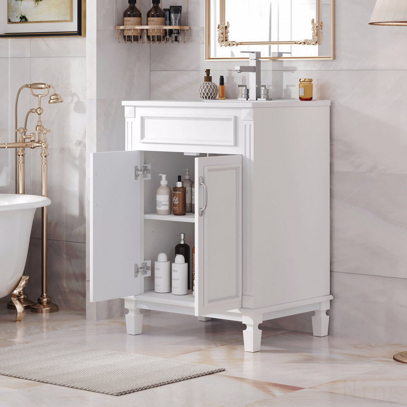 Meuble-lavabo 24 po avec lavabo supérieur, armoire de rangement moderne en bois massif, 2 portes à fermeture douce, tablette réglable