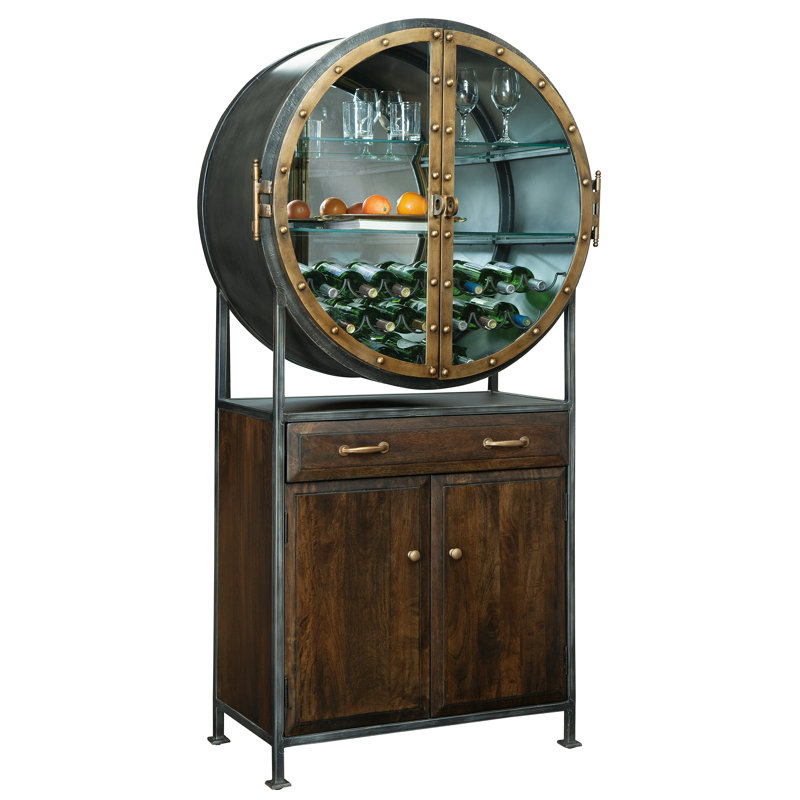 Rustic Black and Brown Iron Wine Bar Cabinet
