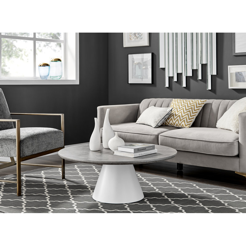 Palm Luxury Pedestal Round Coffee Table, Gray Concrete Effect Top/White Base