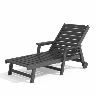 Chaise longue d'extérieur en PEHD - Fauteuil inclinable réglable à 5 positions avec porte-gobelet et roulettes amovibles - Bord de piscine, de terrasse et de plage résistant aux intempéries - Gris foncé