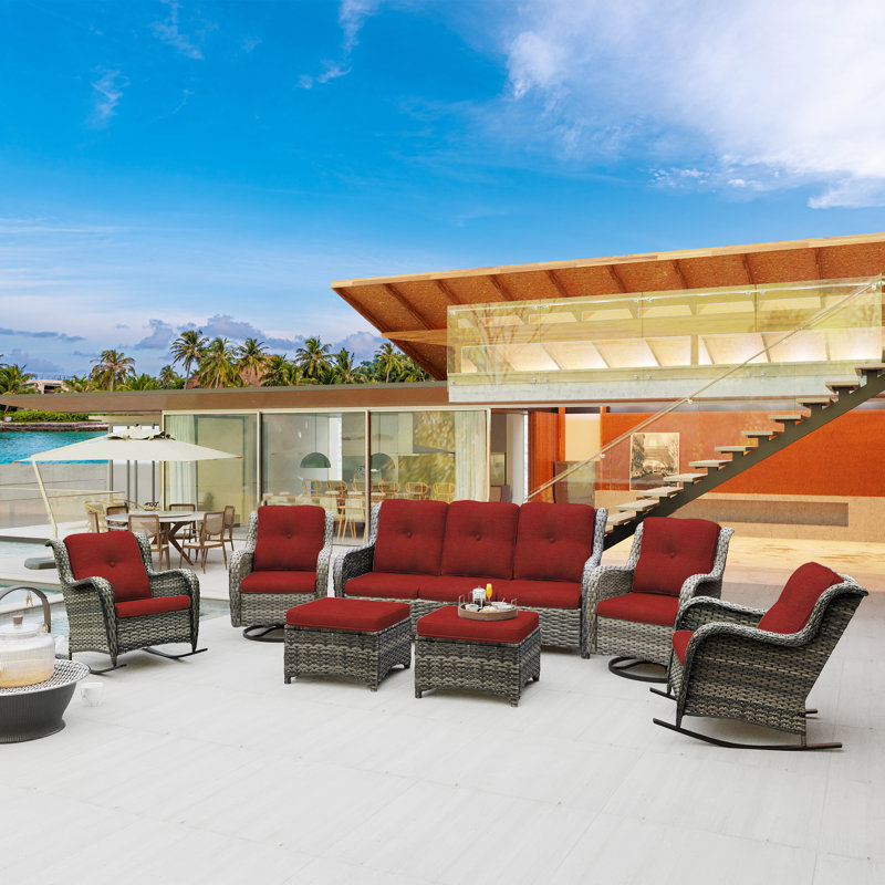 Loreley Wicker 7 - Person Patio Conversation Set with Cushions, Red