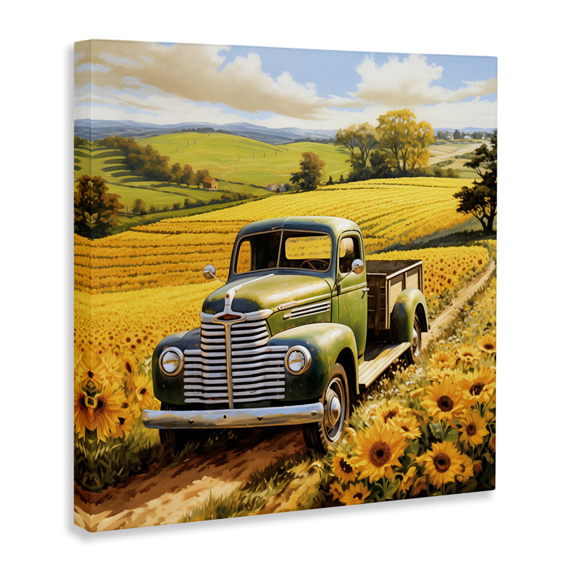 Camion à travers une toile de champ de tournesols, conception par Heidi Kuntz, H 17 po x l 17 po