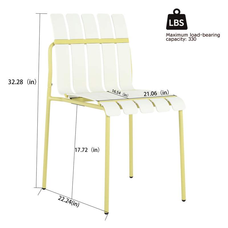 Paquet de 4 chaises à rayures colorées modernes avec siège en métal et imperméable pour l'intérieur et l'extérieur, blanc crème et jaune grain
