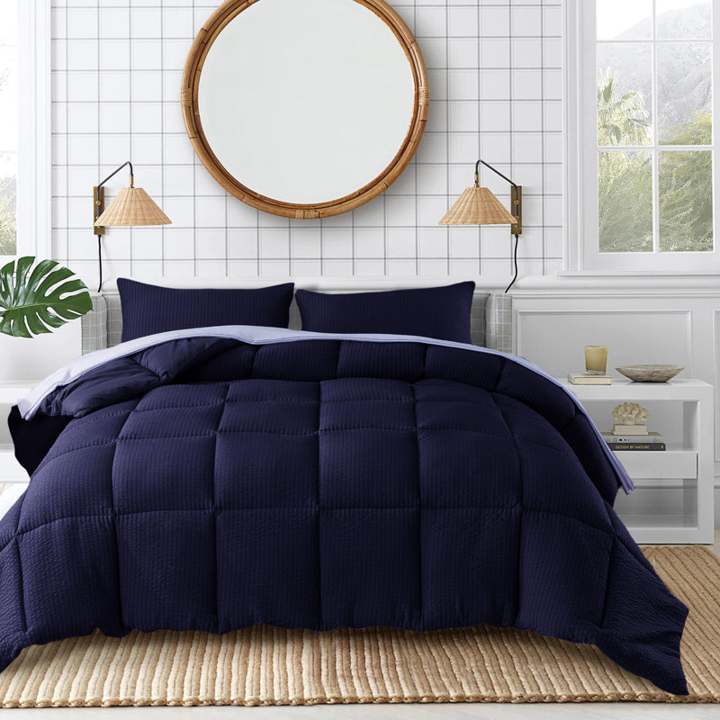 Box Stitch Comforter, King Comforter + 2 King Shams, Navy