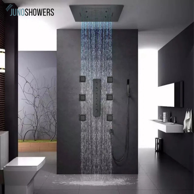 Modern brushed nickel shower system with rainfall showerhead and handheld sprayer combination