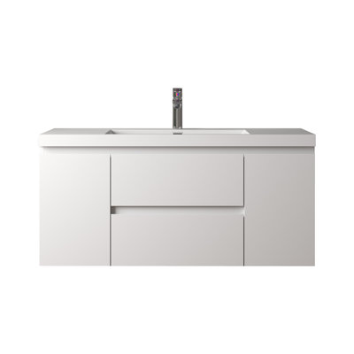 Meuble-lavabo mural simple de 48 po avec comptoir en pierre blanc brillant, 2 tiroirs et 2 portes
